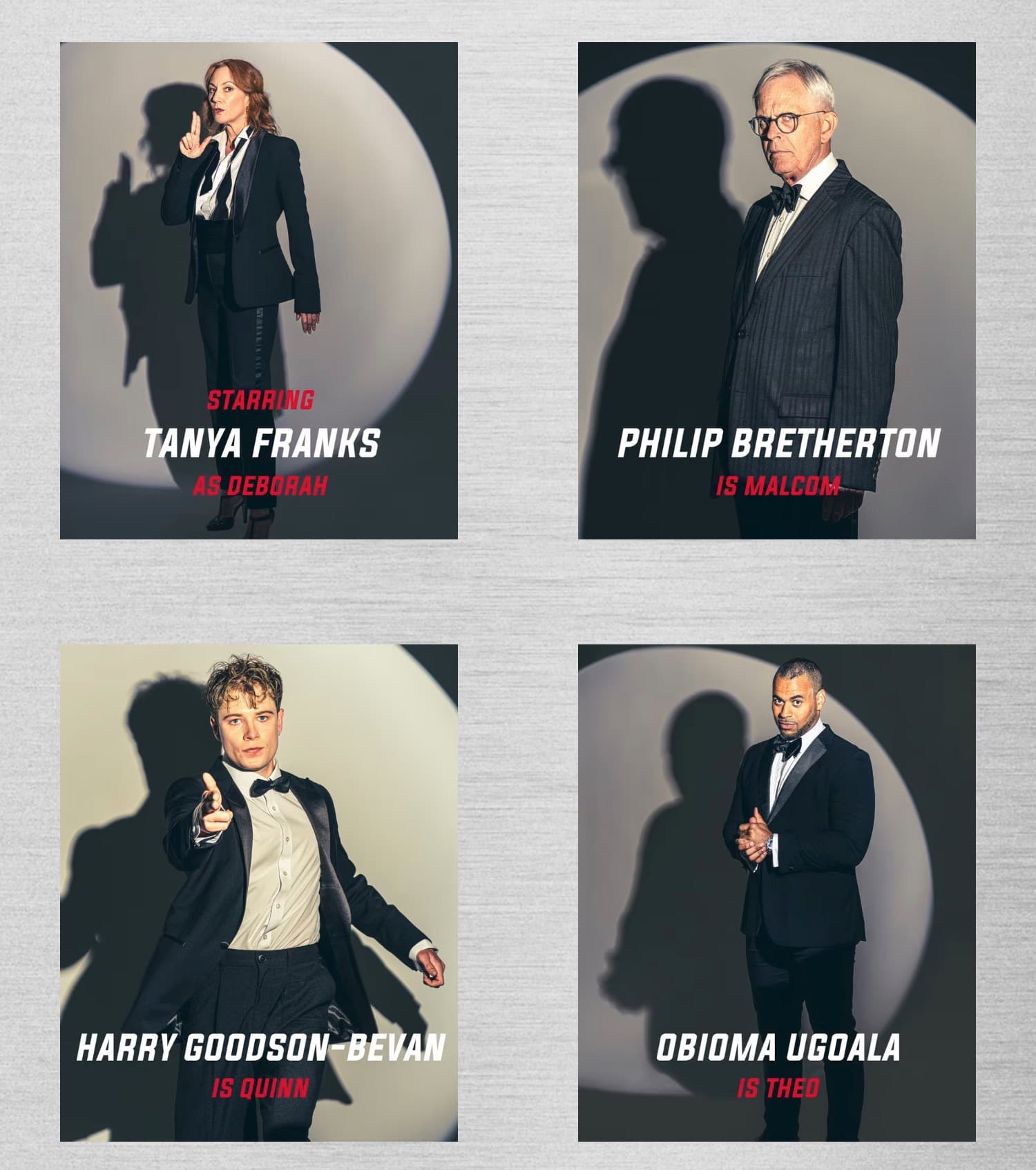 Grid of four theatre publicity portraits in black tie, each performer lit against a circular spotlight with bold red-and-white credits