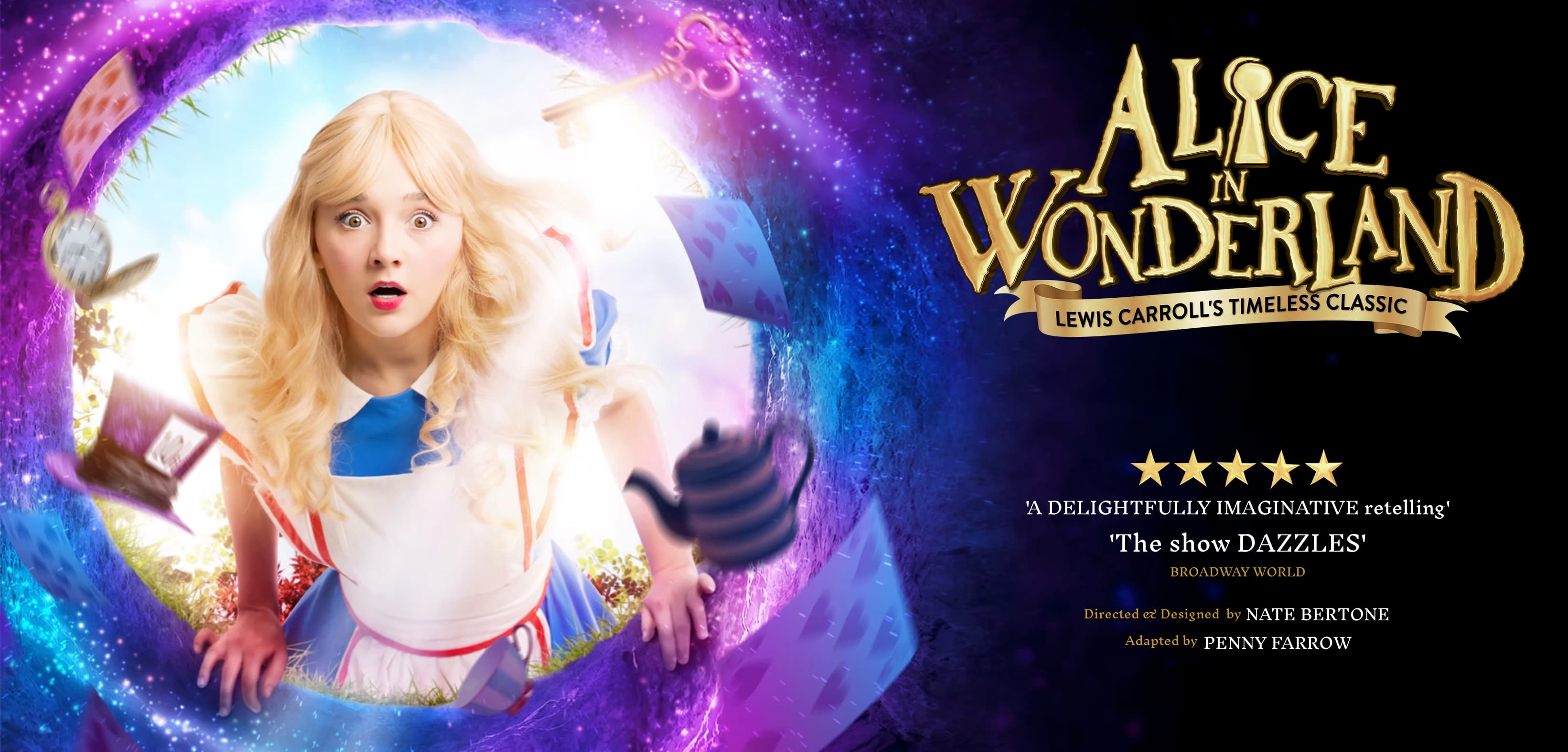 Blonde performer in blue-and-white dress peers into a glowing tunnel as cards, key and teapot swirl; gold show title and stars at right.